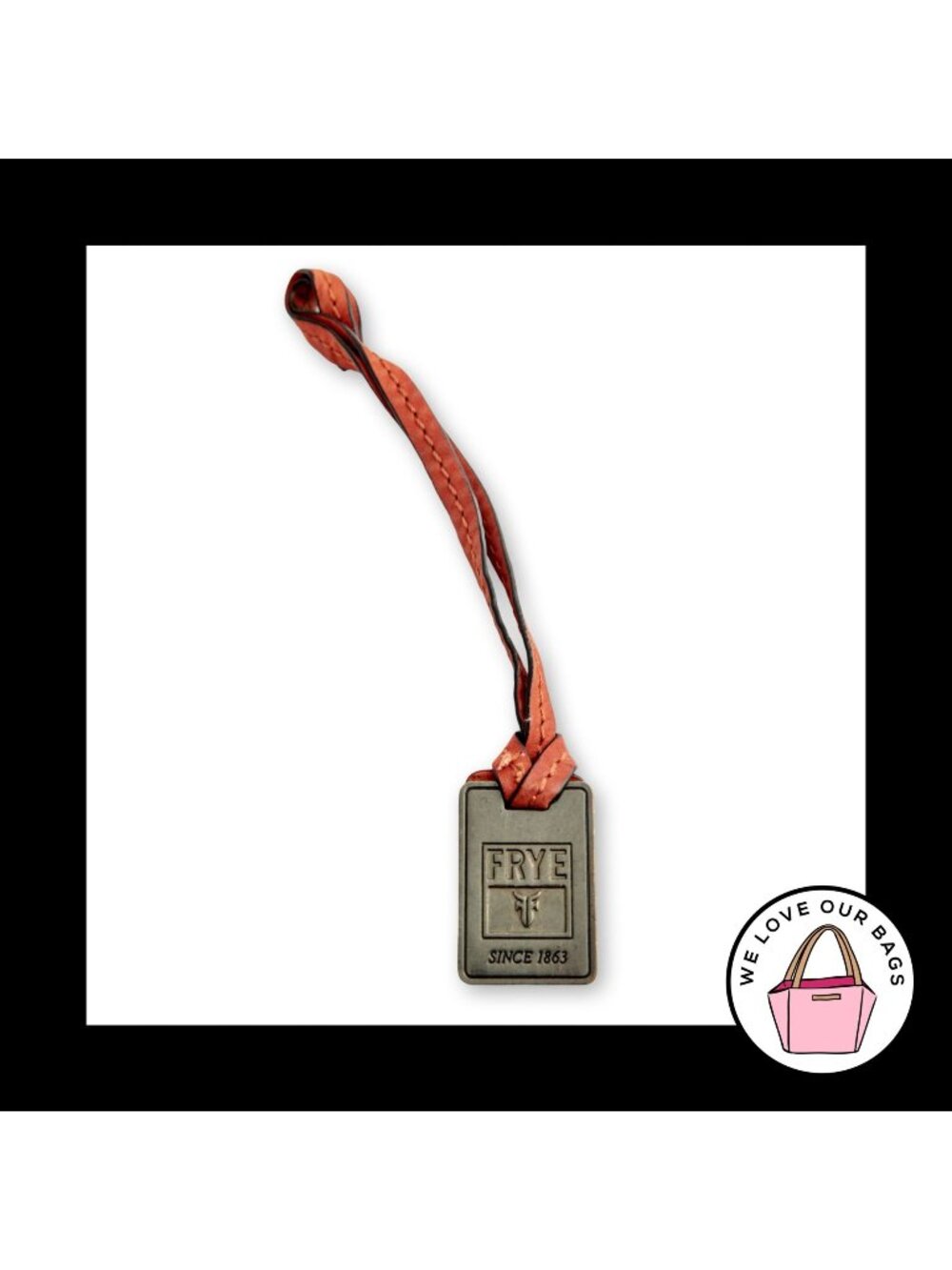 FRYE Gold Brass Metal Rust Brown Leather Strap Bag Charm Hang Tag Keychain Fob